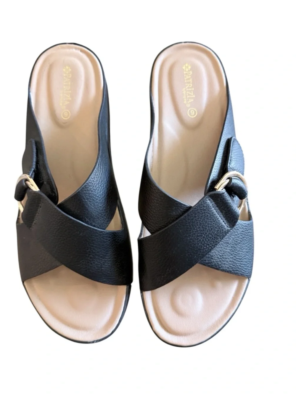 Patrizia Rutha women’s 9 slip on black sandals with a cross-cross design